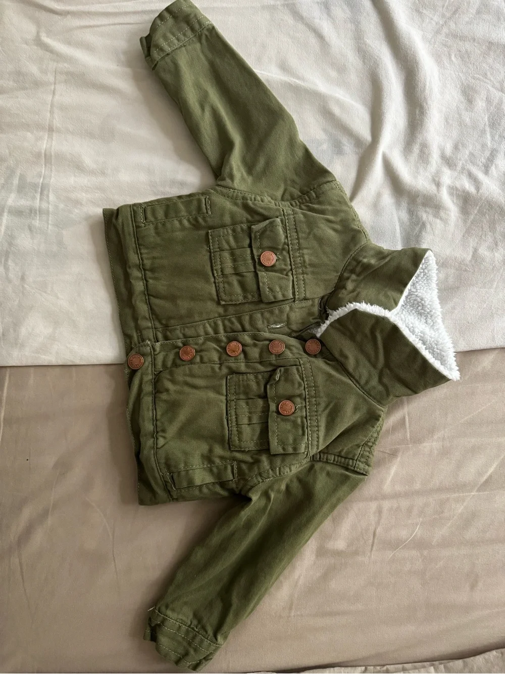 Tahari Olive Green Kids Jean Jacket with White Sherpa Collar